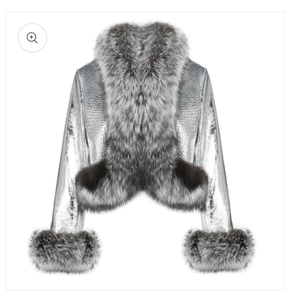 Metallic Silver Fox-Fur Trim Leather Jacket Sz M Gorgeous!!❤️